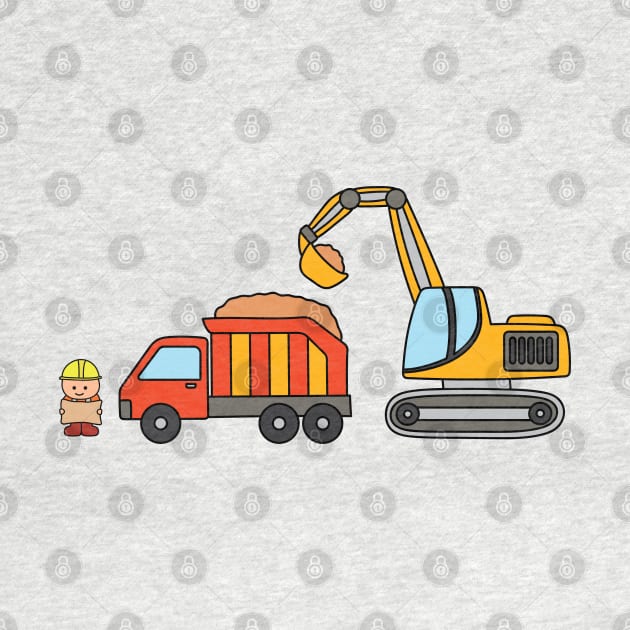 Kids drawing construction set dump truck with excavator and construction worker holding a map by wordspotrayal